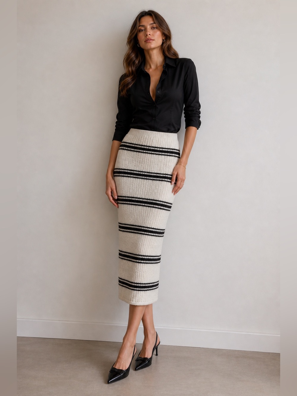 H&M Cream Ribbed Midi Skirt with Black Stripes